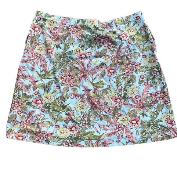 J. Jill Mini Skirt Light Blue Floral Tropical Beach Stretch Pockets Size Large - Picture 1 of 6